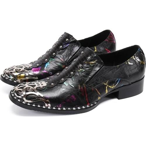 Party Leather Shoes for Men Metal Toe Beading Bronzing Slip on Shoes Business Wedding Nightclub Mens Flats Shoes Zapatos Hombre
