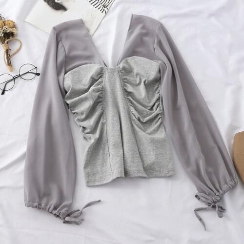 Womens Short Style Blouses Chiffon Shirt Sweet Lantern Sleeve Slim Shirt Female Fashion Patchwork Casual Top Chiffon Blouses