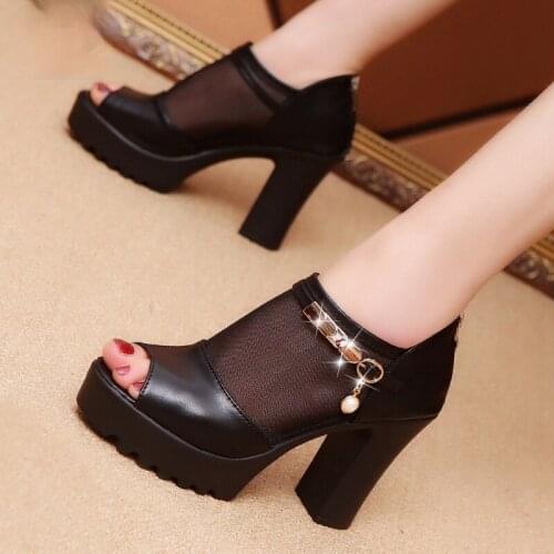 New Women Sandals Square High Heel Summer Shoes Woman Pumps Sexy Flower Net Hollow Peep toe Gladiator Sandals size 35-39