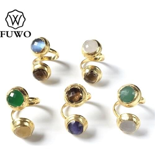 FUWO Trendy Women Semi precious Stone Cats Eye Stone Rings Elegant Carved Gold Color Fashion Jewelry Fit Female Wedding RG024