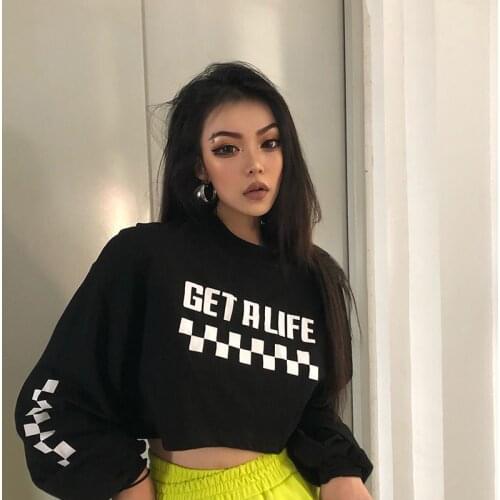 Hong Kong-flavored loose ins letters spring short top cropped female high waist dance black long-sleeved female tide
