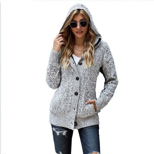New European Women Thick Warm Knitted Sweater Womens Solid Color Cardigan Casual Hooded Long Sleeve Single Breasted Coat 27652