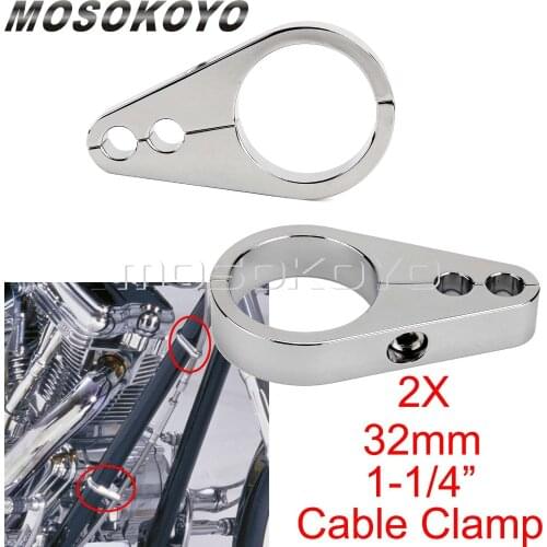 2X Chrome Motorcycle 32mm Brake Cable Clamp 1-1/4" Dual Throttle Wiring Support Fastener Holder for Harley Sportster Cafe Racer
