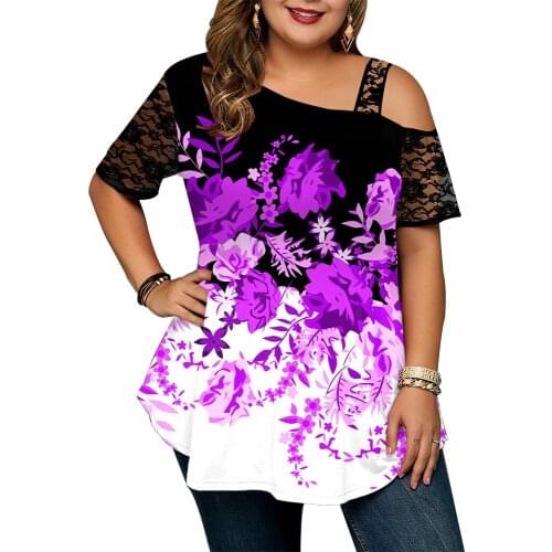 Plus Size Tops Women Skew Neck T-Shirt Summer Irregular Short Sleeve Sexy Off Shoulder Floral Top Blusa Femme One Shoulder Shirt