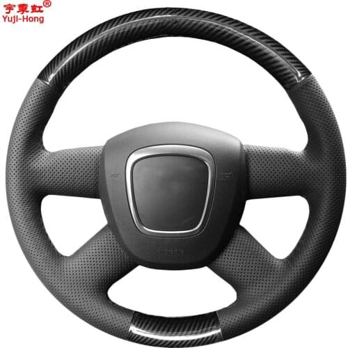 Yuji-Hong Artificial Leather Car Steering Wheel Covers Case for Audi A4 B7 B8 A6 C6 Q5 Q7 Hand-stitched Black Leather Cover