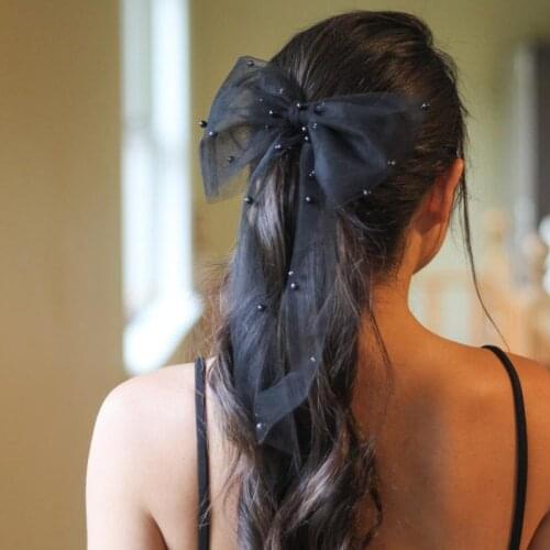 Headdress Black Bowknot Hair Clip White Net Yarn Pearls Headpiece Hair Jewelry Elegant Bridal Headwear Wedding Accessories