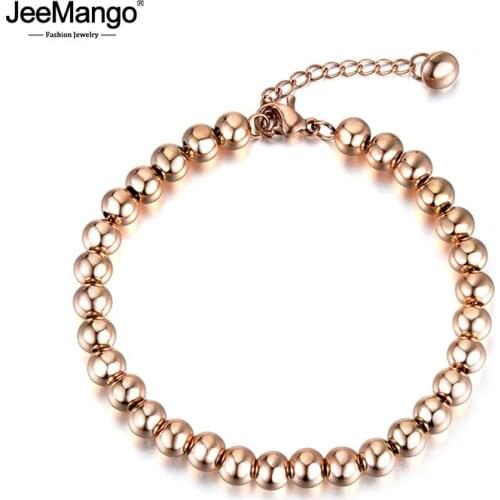 JeeMango Trendy Rose Gold Color 4/6mm Round Beads Strand Bracelets Bangle Stainless Steel Chain Bracelet For Women Girls JB18023