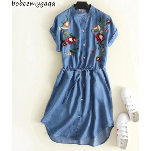 Floral summer denim shirt dress dropped shoulder knee-length tied waist embroidery Jeans dress short sleeves cotton dress