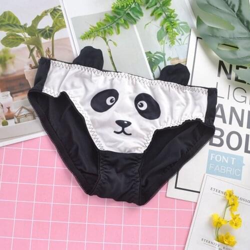 Cartoon Panda Patterned Cute Womens Underwear Satin Seamless Panties Middle Waist Crotch Cotton Briefs Female Lingerie
