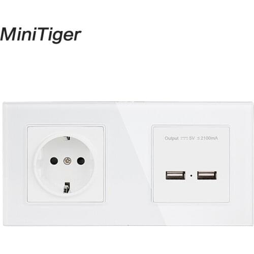 Minitiger Wall Crystal Glass Panel 2 Gang Power Socket Grounded 16A EU Electrical Outlet With Dual USB Smart Charging Port 5V 2A