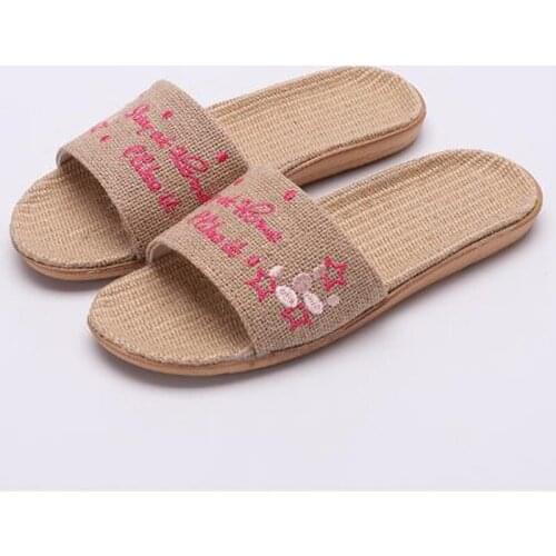 New Womens Summer House Linen Slippers Embroidered Letter Flax Slippers Beach Flip Flops Women Slides Indoor Home Shoes Sandals