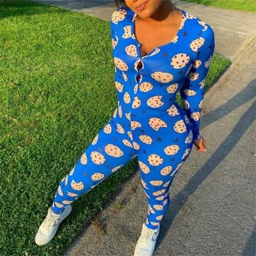 Sexy Womens One Piece Pajama Romper V Neck Long Sleeve Button Home Wear Bodysuit Jumpsuit Adults Fashion Print Sleepwear Onesies