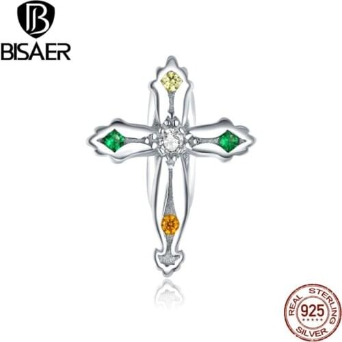 BISAER Thanksgiving Cross Charms 925 Sterling Silver Shining Zircon Bead Pendant DIY Bracelets Necklace 2020 Jewelry
