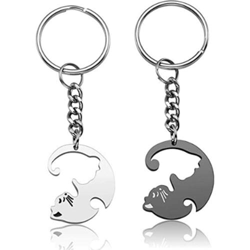 Stainless steel Sliver&Black Metal animal Pendant charm key chains Necklace Men Women Cat Keyring Couple Gift