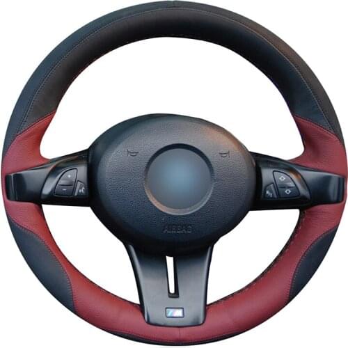 Hand-stitched Black Maroon Leather Car Steering Wheel Cover for BMW Z4 Z4 M E85 (Roadster) E86 (Coupe) 2006 2007 2008