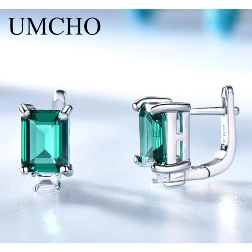 UMCHO Solid Genuine 925 Sterling Silver Earrings Gemstone Created Emerald Clip Earrings For Female Wedding Gifts Fine Jewelry