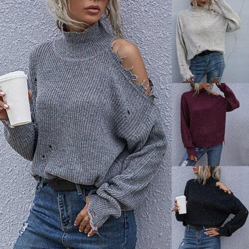 High Collar Sweater Batwing Long Sleeve Knitwear Ripped Off Shoulder Knitting Jumpers Cold Shoulder Knitted Top Daily Wearing