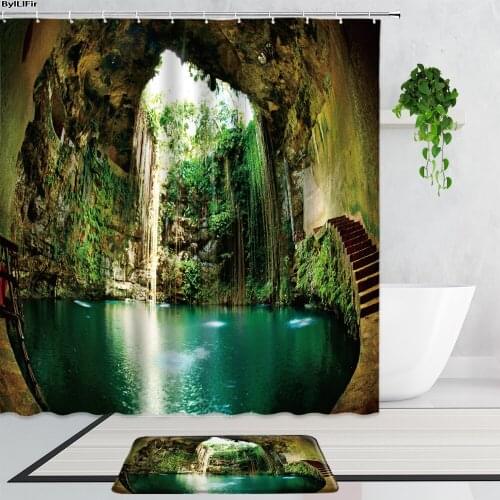 Mountain Cliff Cave Waterfall Scenery Shower Curtains Stone Steps Forest Natural Landscape Home Decor Bathroom Curtain Bath Mats