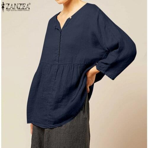 ZANZEA Vintage Women Long Sleeve Blouse Solid Casual Loose Work Shirt Female Blusas Femininas Chemise Tunic Autumn O Neck Tops