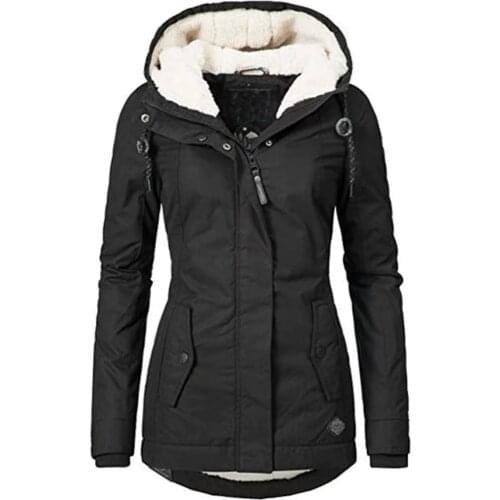Winter Jackets Women Fleece Long Sleeve Hooded Warm Zip Pocket Jacket Coat Thick Padded Coat Long Paragraph Slim Jacket @40