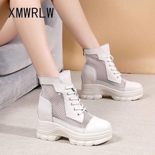 XMWRLW Genuine Leather Women Boots 2021 Summer Casual Hidden Heel Ladies Breathable Mesh Boots Women Summer Ankle Boot Shoes