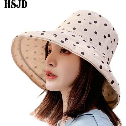 Women Summer Cotton Double-sided Wave Point Sun Hats Large Wide Brim Anti-UV Foldable Beach Hat Floppy Hats Panama Women Bonnet
