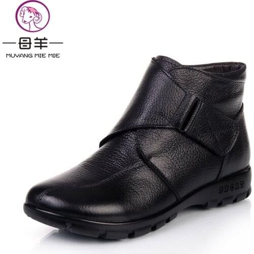 MUYANG MIE MIE Plus Size Winter Women Shoes Woman Genuine Leather Flat Ankle Boots 2019 Fashion Warm Snow Boots Women Boots