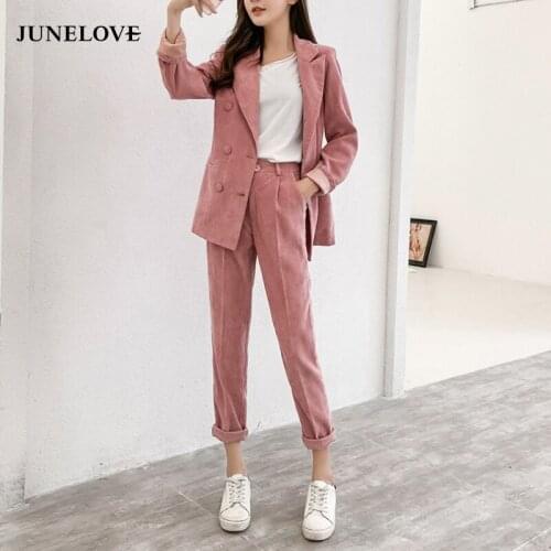 JuneLove women high street double breasted corduroy blazer pants warm jacket office lady long sleeve ladies coat ladies suits