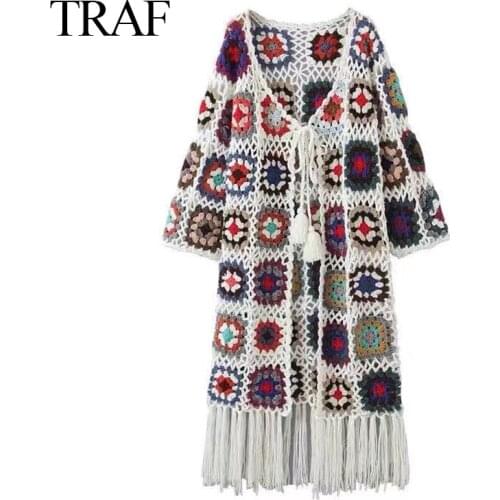 TRAF ZA Womens Clothes Oversize Crochet Tassels Hem Mid-Length Knit Female Cardigan Casual Jacket Autumn Hollow Out Print Mujer