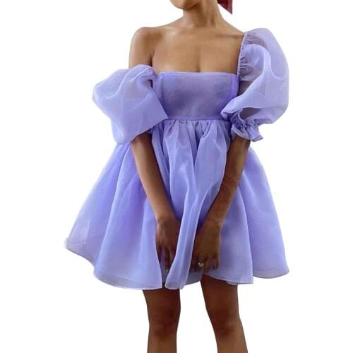 Summer Women Mesh Princess Dress See-through Solid Color Puff Sleeve Square Collar Solid Color A-line Dress