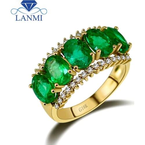 Women Vintage Solid 18Kt Yellow Gold Oval Natural Green Emerald Ring Pretty Diamond Gemstone Jewelry for Mother Birthday Gift