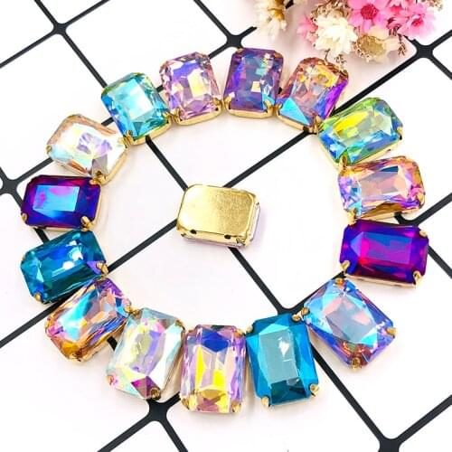 10x14mm/13x18mm Rectangular octagon crystal Glass gold base flatback sew on rhinestones with claw for DIY clothing Accessories