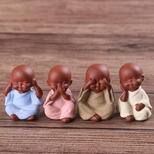 4pcs/set Cute Small Monk Tea Pet Purple Clay Buddha Flowerpot Ornaments Creative Home Decoration Kungfu Tea Pet