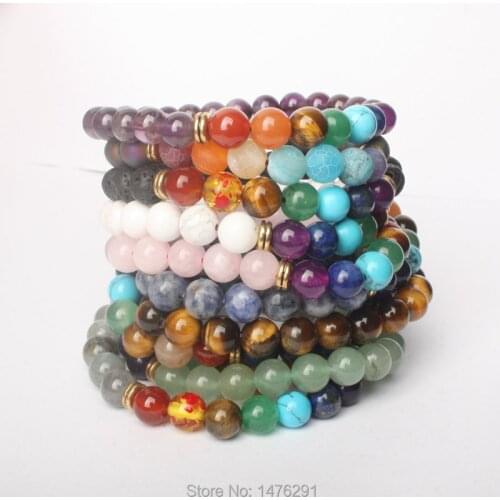 8X8MM Agates Amethysts Amazonite Volcano Labradorite Round Beads Whith Golden Coin Spaced Bead Stretchy Bracelet Bangle 7"L