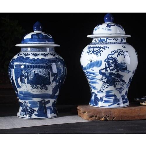 Antique Chinese Porcelain Ginger jar Vase Living Room Study Retro Jingdezhen Blue And White Decoration Porcelain temple jar