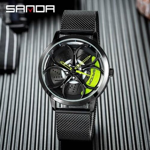 SANDA Mens Watch Car Rim Hub Dial Male Watch Skeleton Men Black Waterproof Watch Stainless Steel Quartz Relogio Masculino P1070