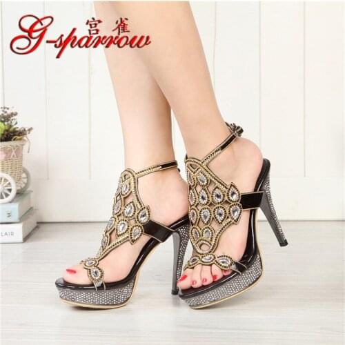 G-sparrow Summer Women High Heel Platform Sandals Luxury Rhinestone Diamonds Ladies Peep Toe Stiletto Shoes Fashion Black