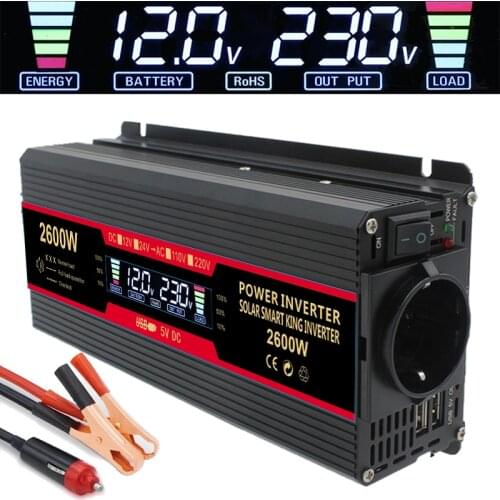 Solar Inverter 12v 220v Power Inverter 1500W 2000W 2600W Modified Sine Wave LCD Display 2 USB Car Transformer Convert EU Socket