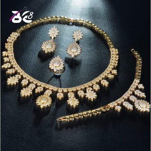 Be 8 Luxury Gold Color Nigerian Wedding Flower Shape Cubic Zirconia Necklace Dubai 4PCS Dress Jewelry Set for Party Gifts S238