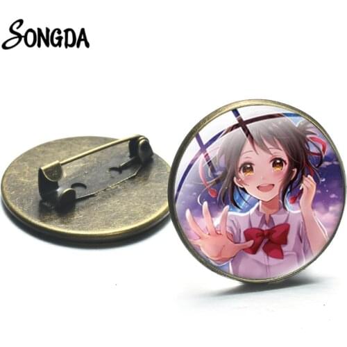 Sweet Anime Kimi No Na Wa Brooches Your Name Japanese Cartoon Art Photo Glass Cabochon Collar Pin Button Hat Bag Cosplay Badges