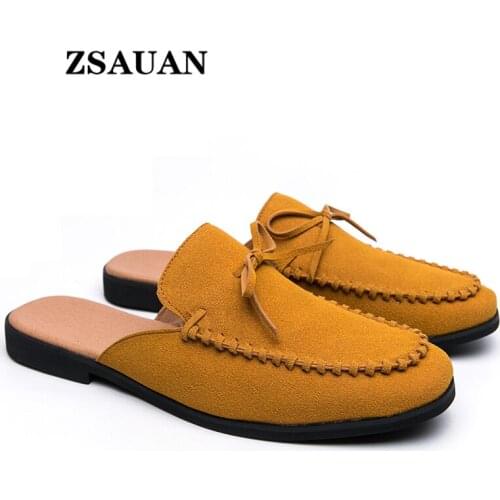 ZSAUAN Relax Tide Knot Elegant Men Slippers Yellow Indoor Summer British Mens Half Dress Shoes Office Home Flat Loafers
