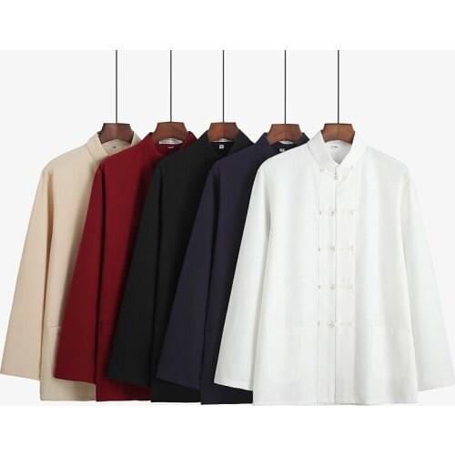MenS 100% Cotton Solid Jacket Traditional Chinese Tang Suit Coat Long Sleeve Kung Fu Tai Chi Uniform Men Jacket Plus Size 4XL