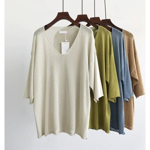Solid Thin Loose Knitted Women T-shirts Summer New V-neck Oversized Casual All Match Female Pulls Outwear Tops