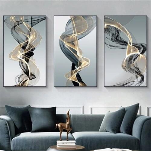Black and golden Lines Ribbon Canvas Poster Print Modern Nordic Wall Art Abstract Painting Pictures for Living Room Home Decor