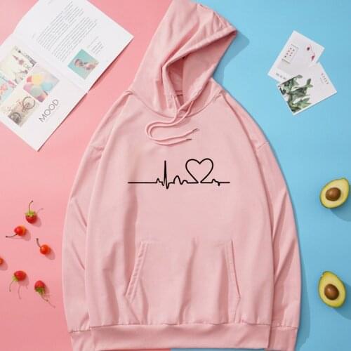 Heartbeat Print Casual Hoodie Harajuku Aesthetic White Pink Tops Hoodies Women Autumn Winter Sudaderas Cute Pullover Sweatshirt
