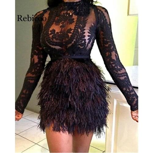 See Through Lace Top With Faux Fur Skirt Set Women Black Mesh Long Sleeve Tops Two Piece Set Sexy Party Club Outfits