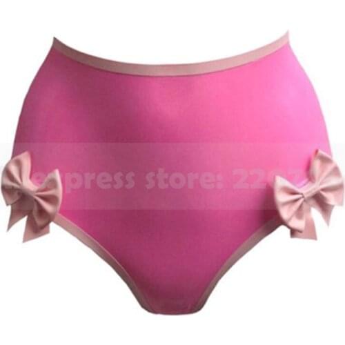 Pink Female Sexy Latex Rubber Shorts Cute Girl Panties Knickers With bow-knots Plus Handmade RPW066