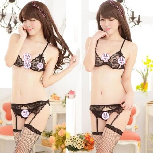 Sexy Underwear Women Bra Brief Sets Sexy Lace Open Crotch G-String + Bra + Sling Lingerie 4PCS/Set