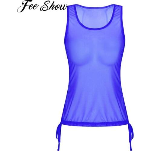 Women Adult Fashion Summer Casual Mesh Sheer See Through Crop Top T-shirt Drawstring U Neck Exotic Tank Stretchy Loose Crop Tops