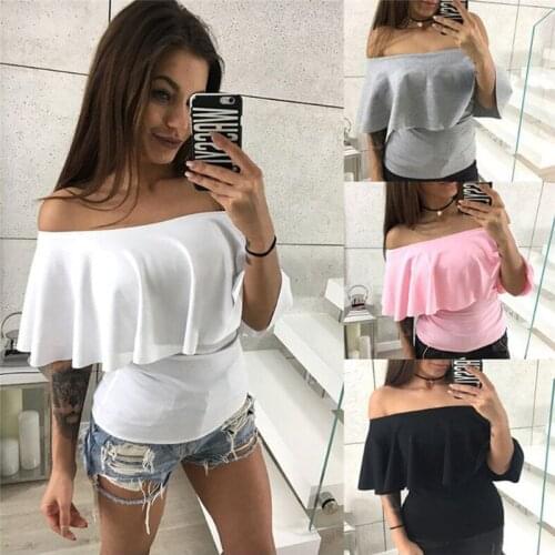 Summer Ruffle Shirts Off Shoulder One Collar Sexy Women Fashion Tops Female Tees Fashion Slim Solid Color Shirt